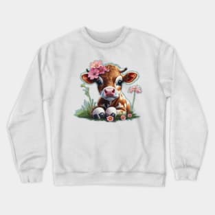 cute cow with flowers Crewneck Sweatshirt